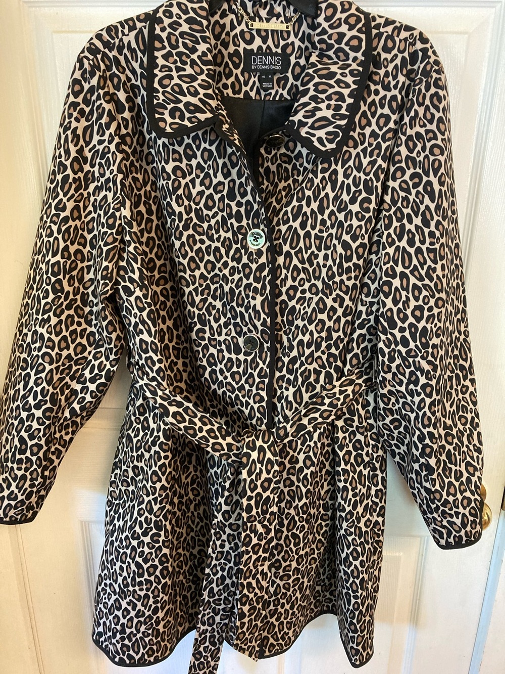 dennis basso Leopard Print Trench Coat in Beige & Black